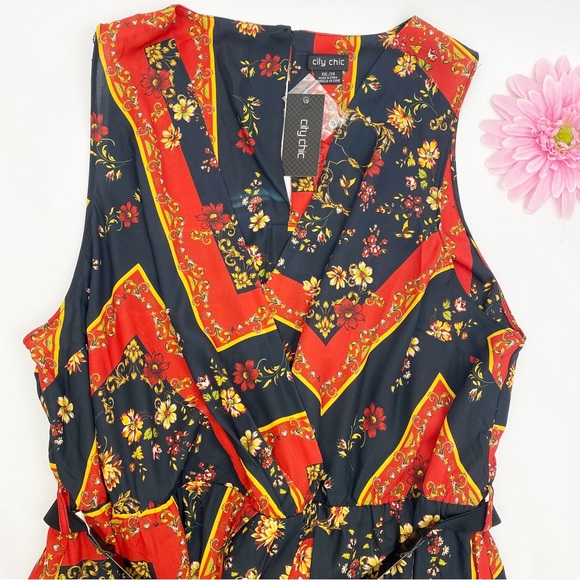 City Chic Printed Scarf Faux Wrap Midi Dress: Floral Patchwork Red Black - Picture 4 of 11